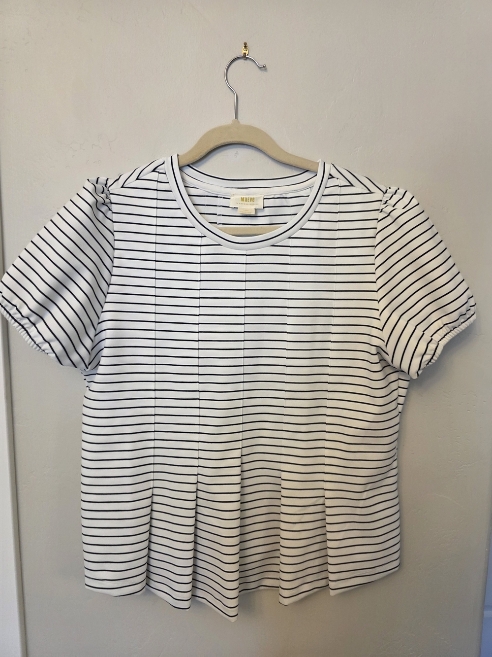 Maeve White Tee with Thin Black Stripes and Puff Sleeves